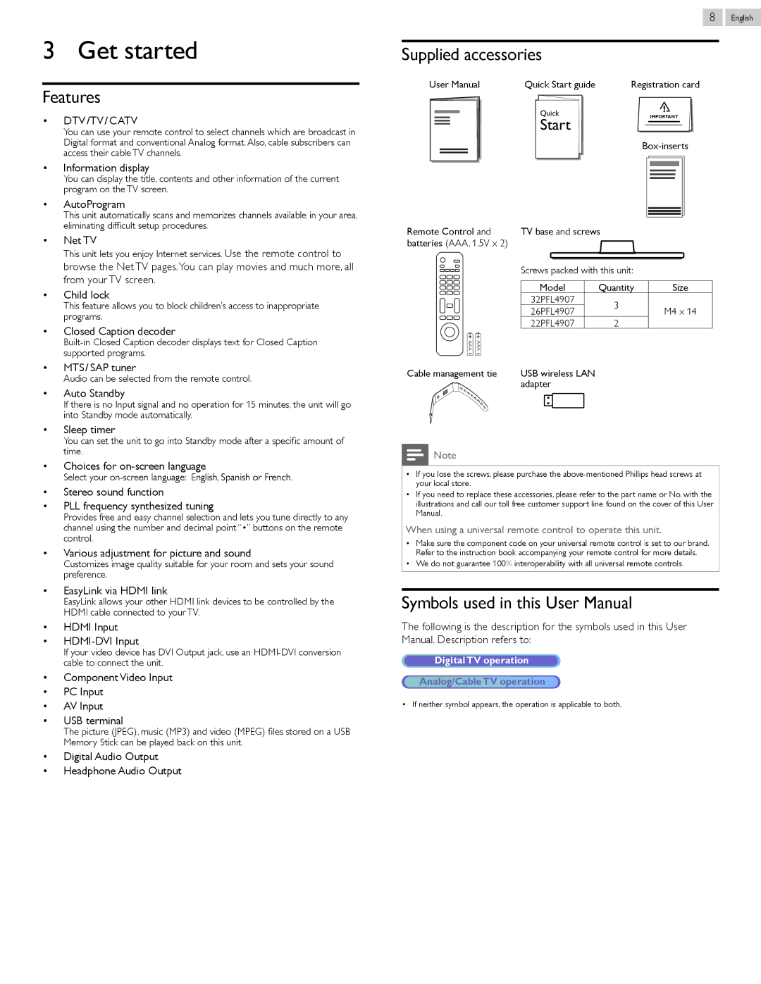 Philips 32PFL4907, 22PFL4907, 26PFL4907 user manual Get started, Features, Supplied accessories, Dtv /Tv / Catv 